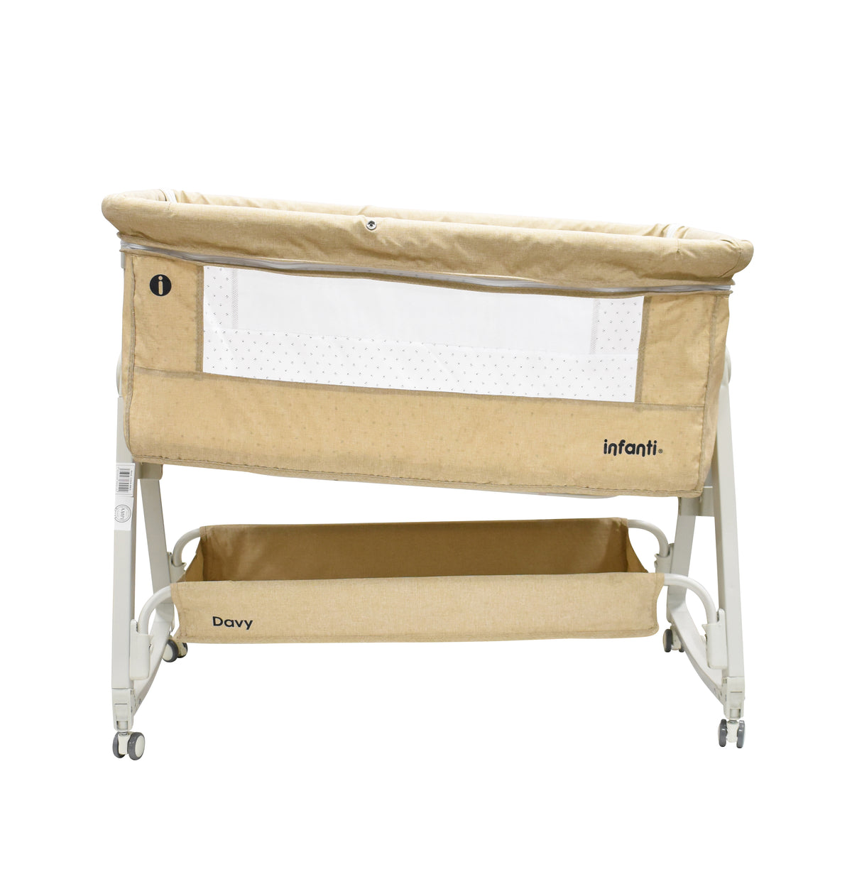 Cuna de Colecho Davy Beige Con Mosquitero y Toldo, Mecedora, Colchoneta, Lateral Abatible, Correas de Seguridad, Alturas Ajustables, Inclinación Antirreflujo, Estructura de Metal, Hasta 15 kg, Infanti