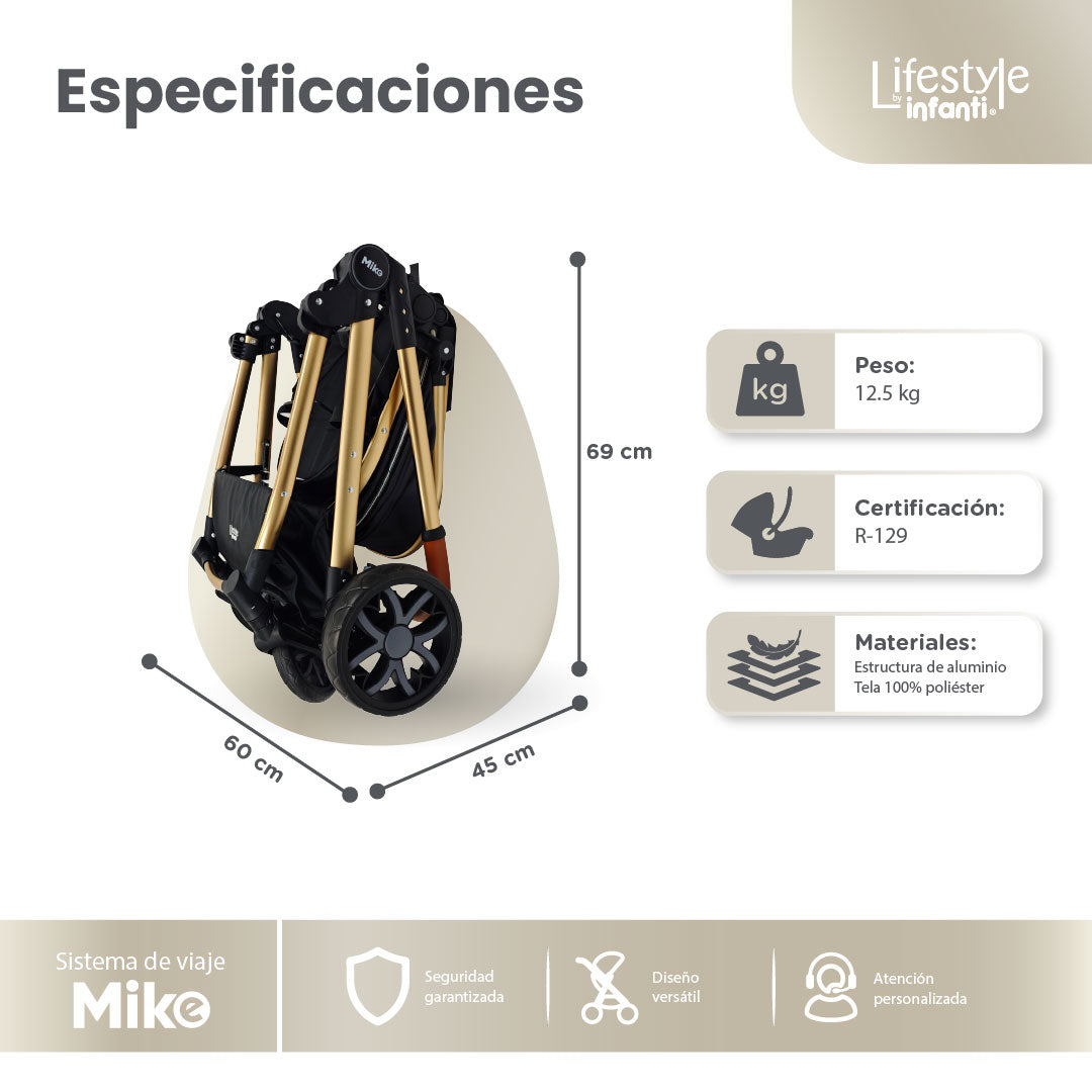 Carriola Travel System Mike Con Bambineto Reversible y Portabebé Grupo 0+
