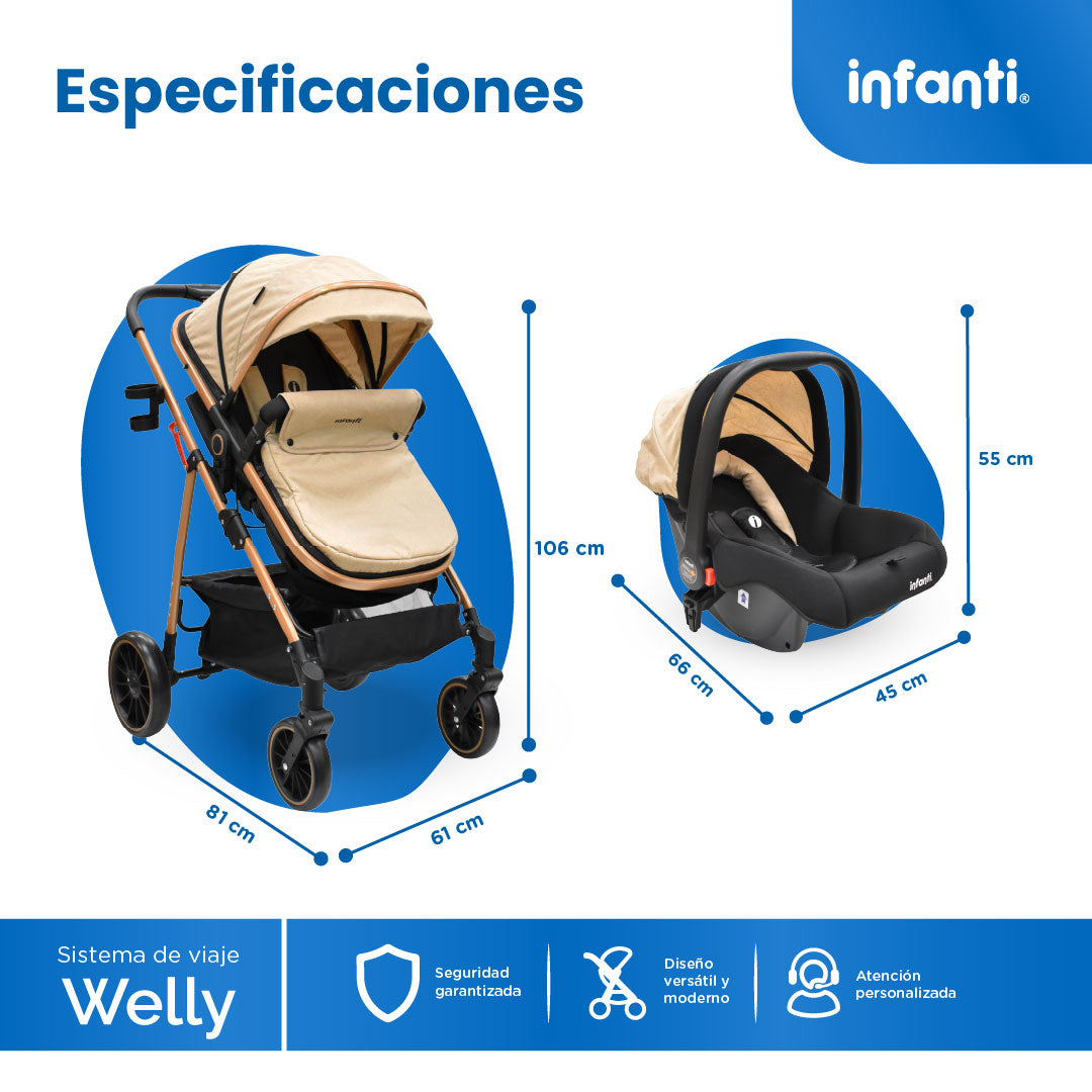 Carriola Travel System Welly Negro Con Portabebé y Asiento Reversible