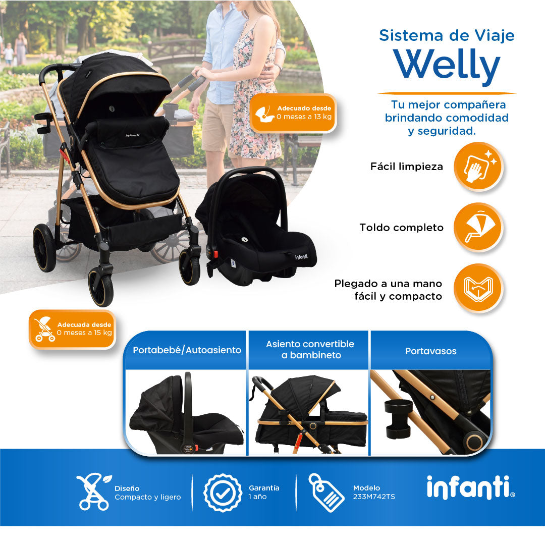 Carriola Travel System Welly Negro Con Portabebé y Asiento Reversible