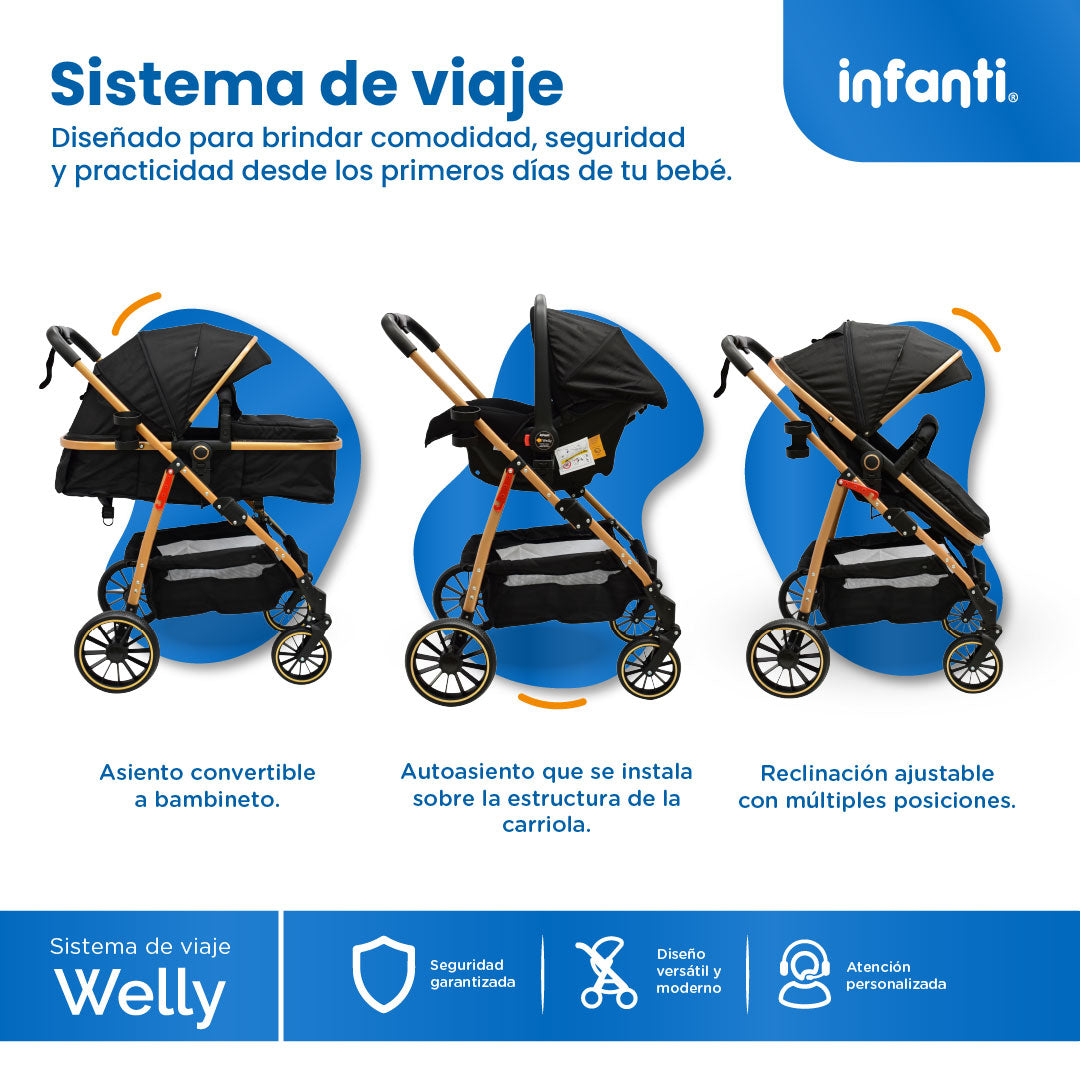 Carriola Travel System Welly Negro Con Portabebé y Asiento Reversible