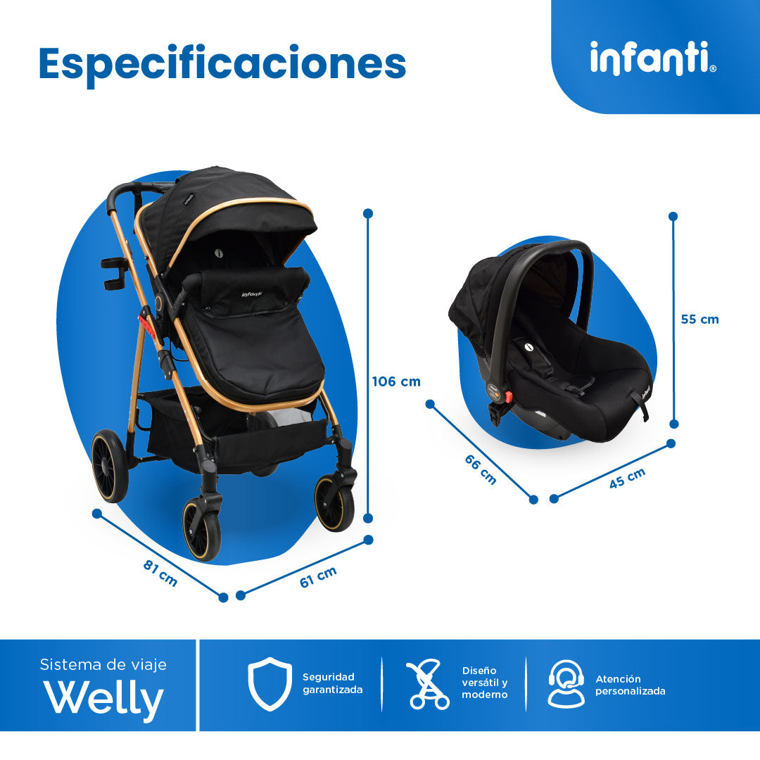 Carriola Travel System Welly Negro Con Portabebé y Asiento Reversible
