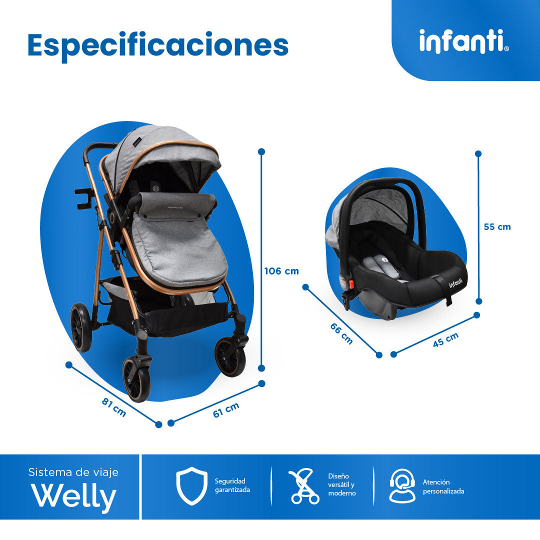 Carriola Travel System Welly Negro Con Portabebé y Asiento Reversible