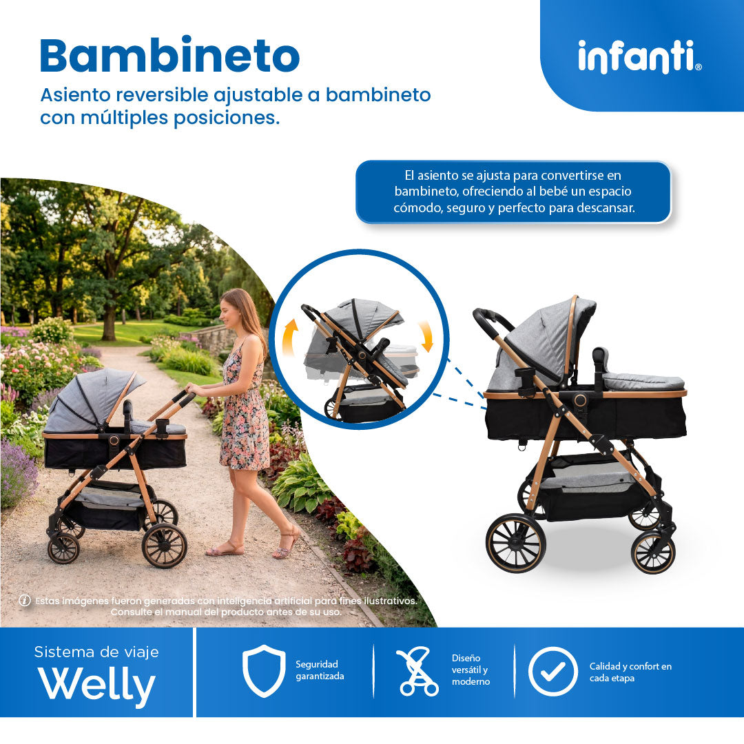 Carriola Travel System Welly Negro Con Portabebé y Asiento Reversible