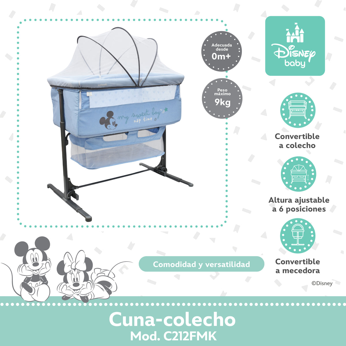 Colecho Disney Con Panel Lateral Abatible y 6 Posiciones de Altura