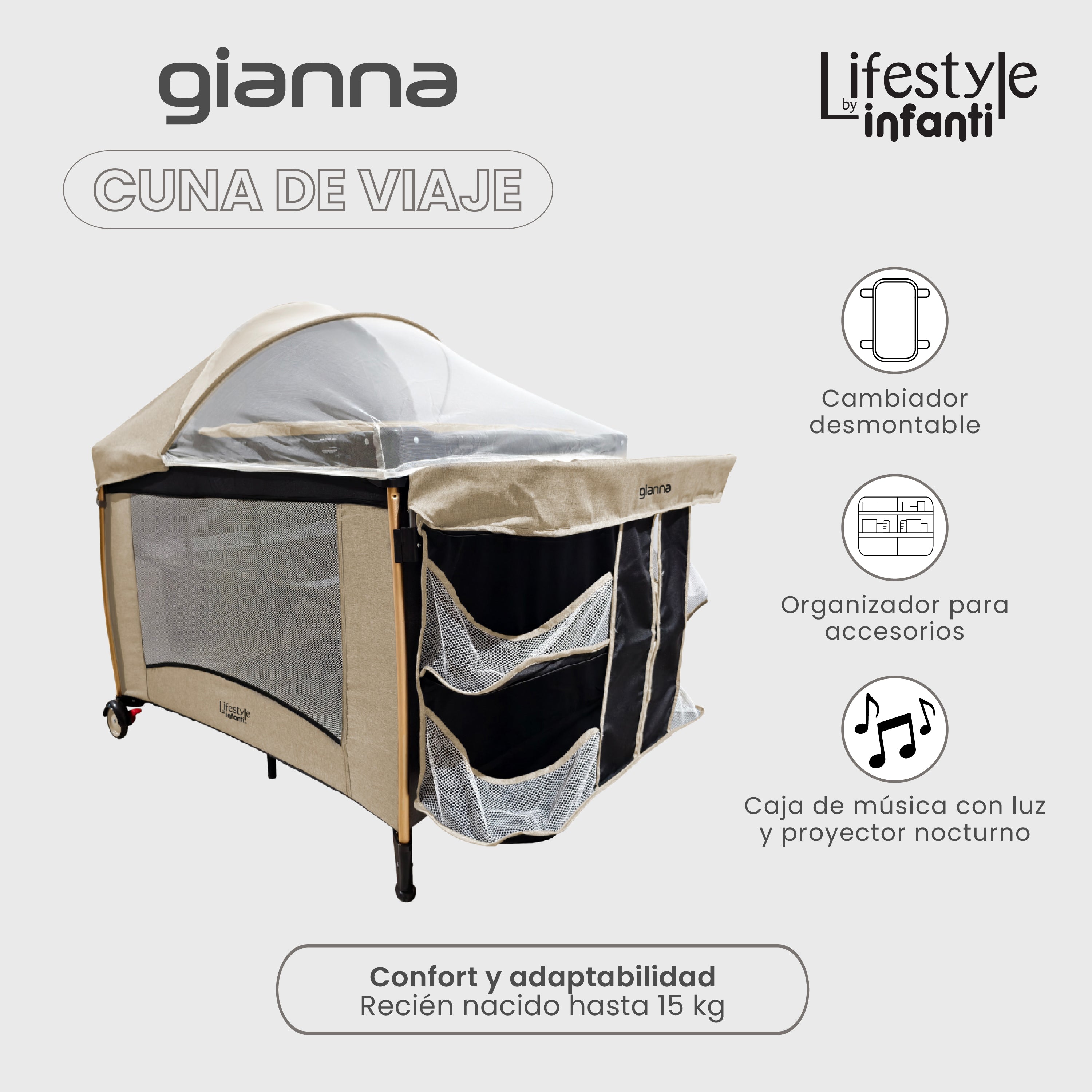 Cuna De Viaje Gianna 2 En 1 Con Cambiador Desmontable Portable