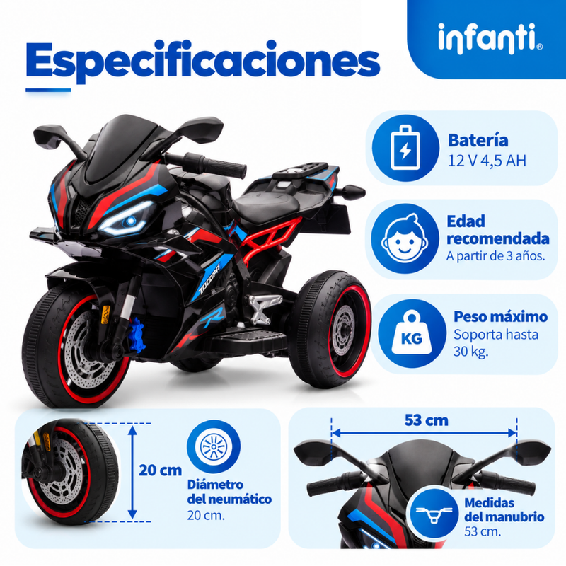 Motocicleta Montable Eléctrica Deportiva con Luces, Música y Sonido