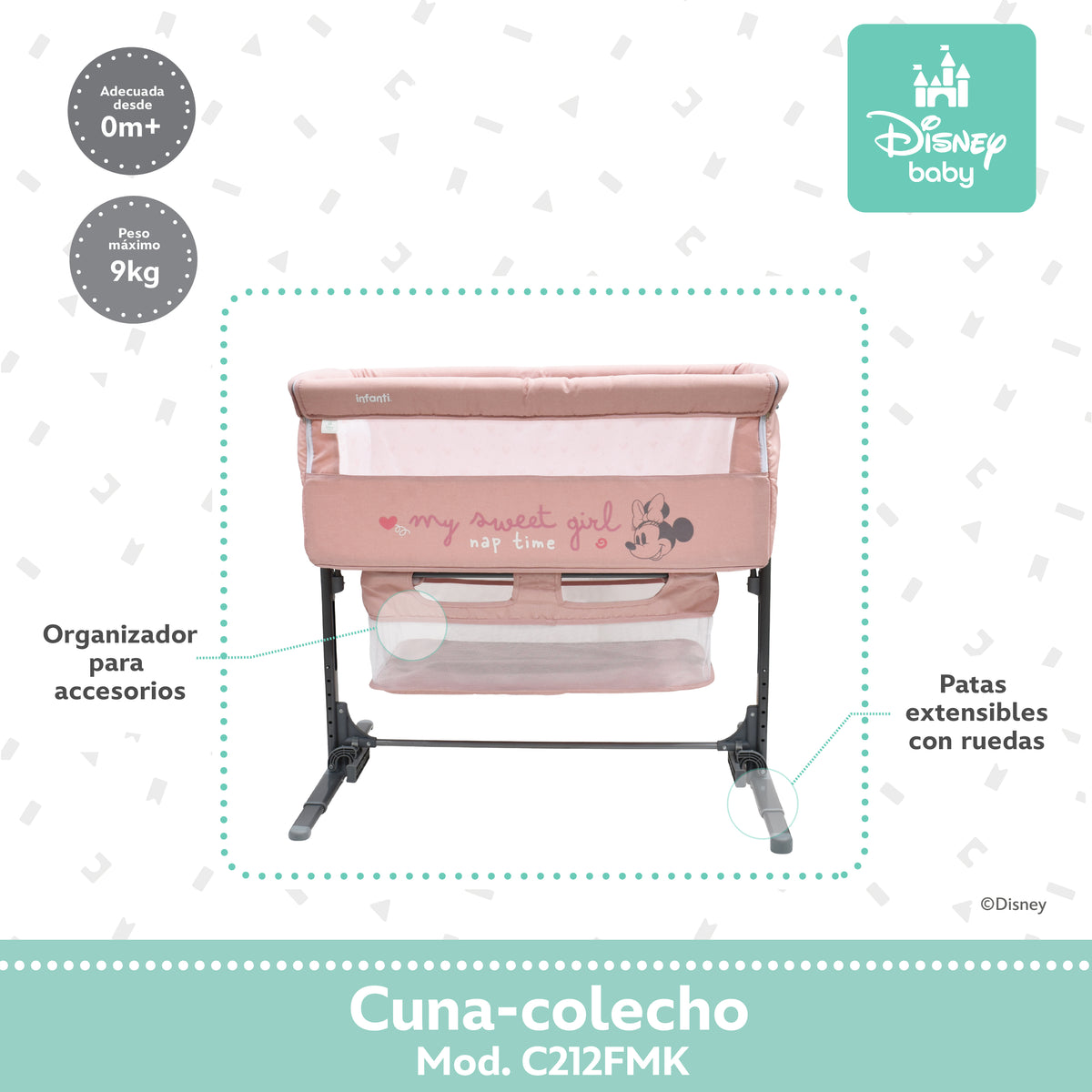 Colecho Disney Con Panel Lateral Abatible y 6 Posiciones de Altura