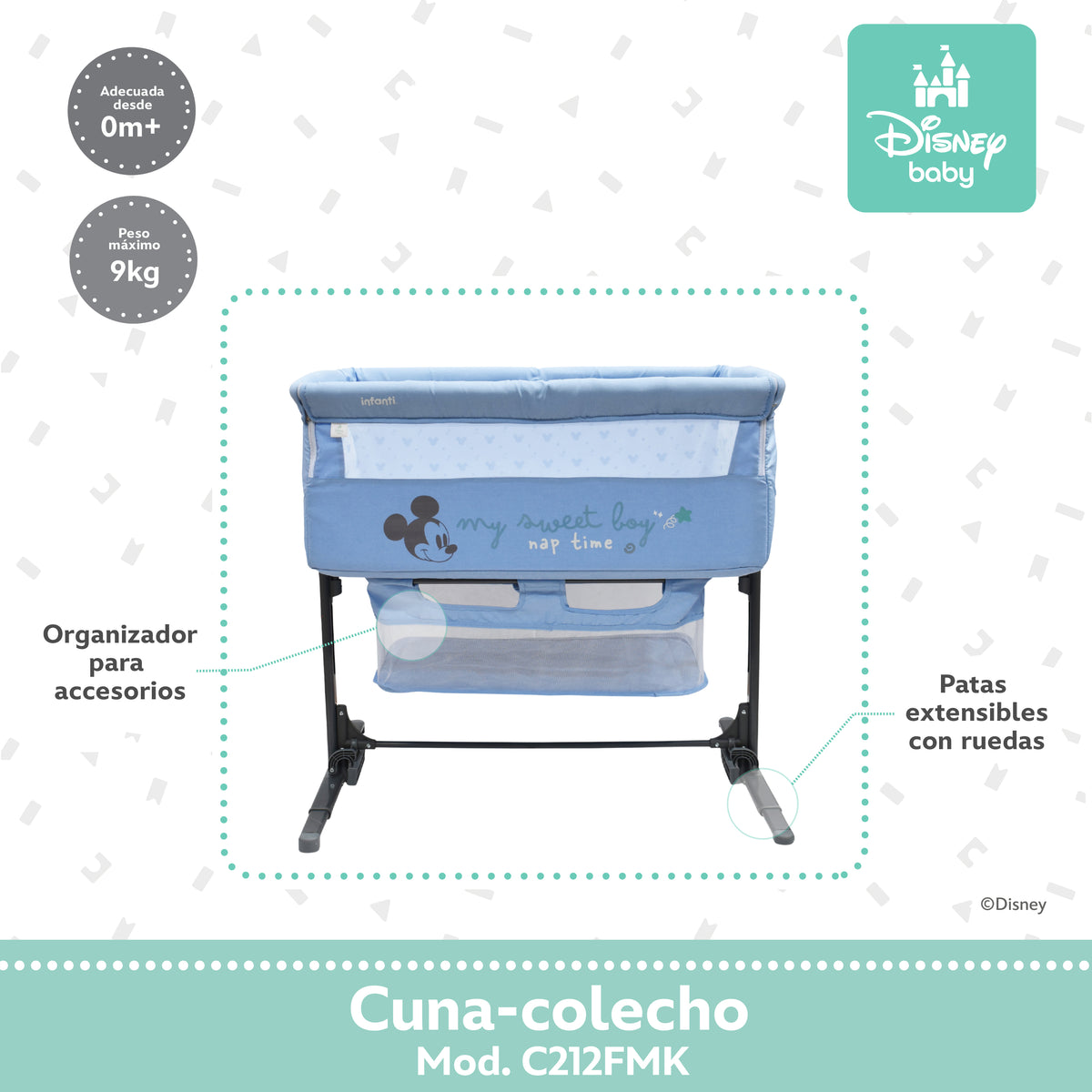 Colecho Disney Con Panel Lateral Abatible y 6 Posiciones de Altura