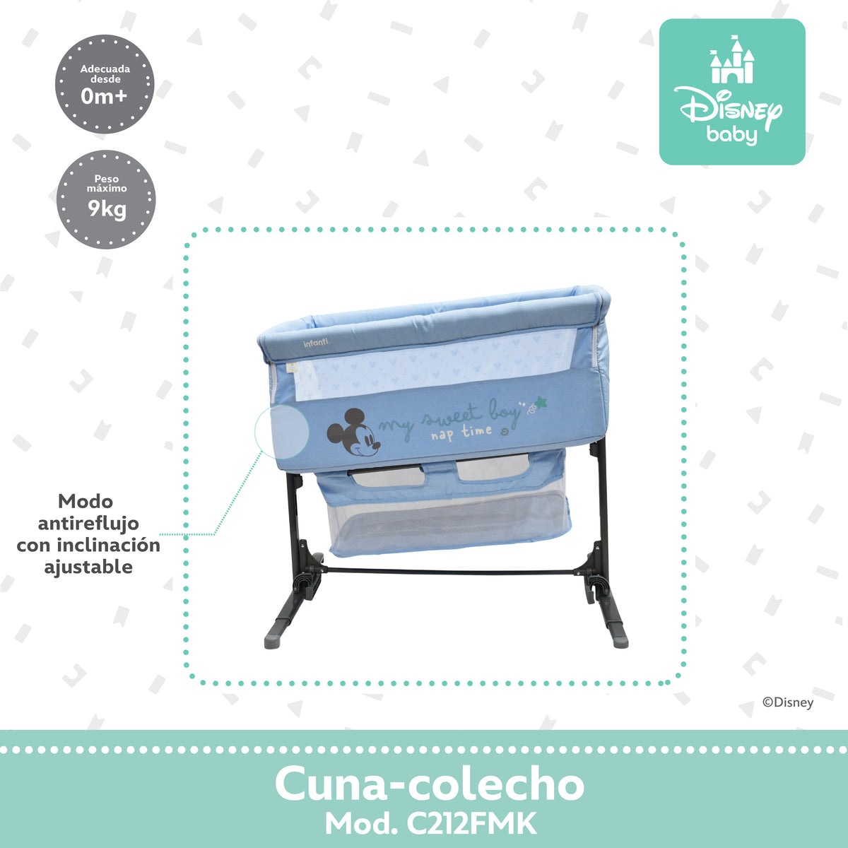 Colecho Disney Con Panel Lateral Abatible y 6 Posiciones de Altura