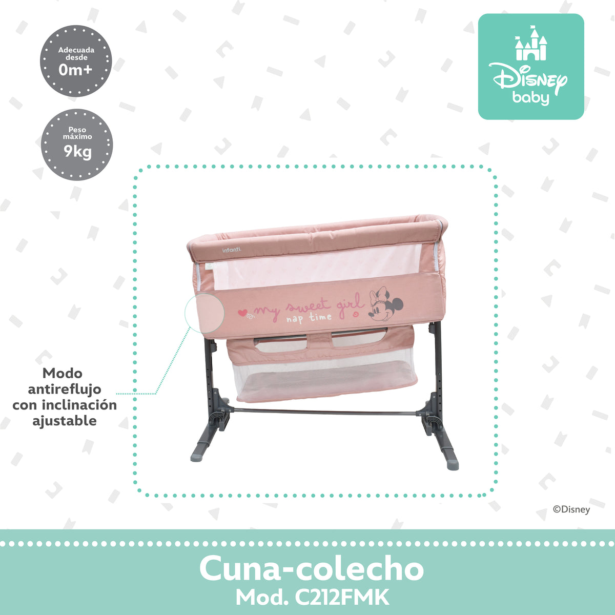 Colecho Disney Con Panel Lateral Abatible y 6 Posiciones de Altura
