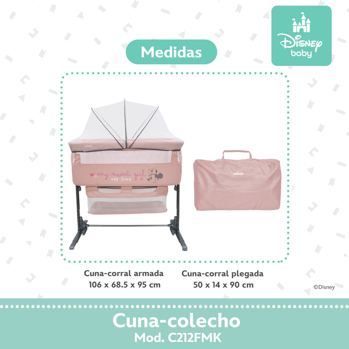 Colecho Disney Con Panel Lateral Abatible y 6 Posiciones de Altura