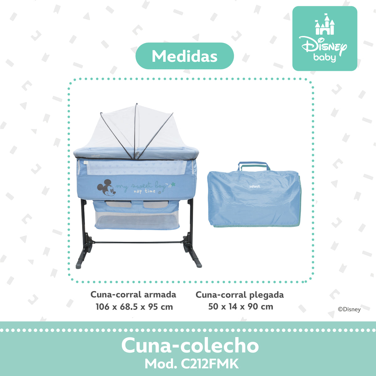 Colecho Disney Con Panel Lateral Abatible y 6 Posiciones de Altura