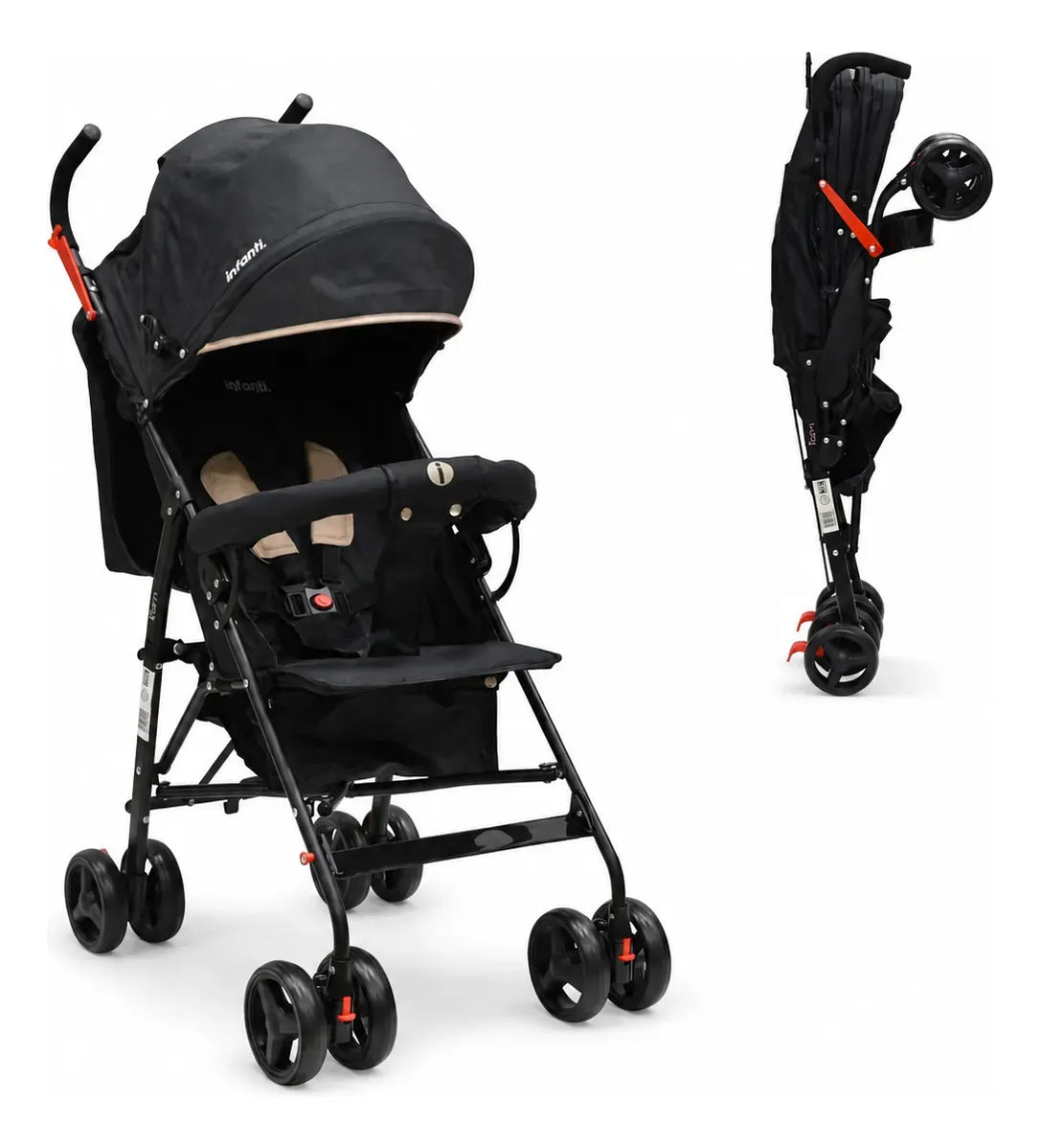 Carriola De Bastón Con Plegado Compacto Kiam Multiples Reclinaciones, Arnés De 5 puntos, Toldo Completo, Frenos y Ruedas Giratorias Con Seguro Ideal Para Bebes De 6 Meses a 15 kg, Infanti