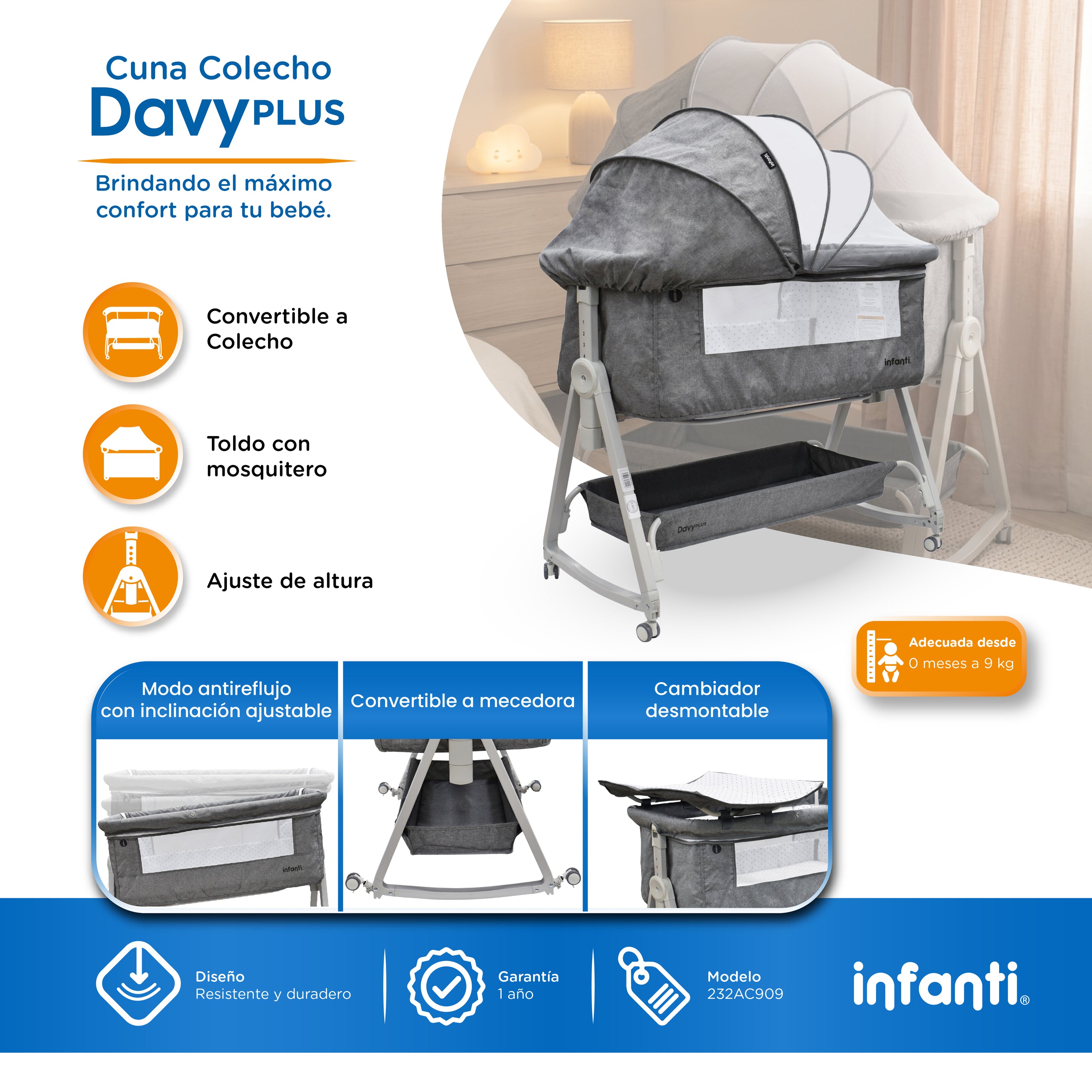 Cuna Corral Con Mosquitero, Davy Plus, Gris, Cambiador Desmontable, Colecho Lateral Abatible, Mecedora, Colchoneta Suave, Altura Ajustable, Inclinación Antirreflujo Organizador de Accesorios, Infanti