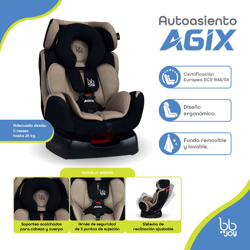 Autoasiento Evolutivo Agix Beige Con Negro Reclinable Con Arnés de 5 Puntos