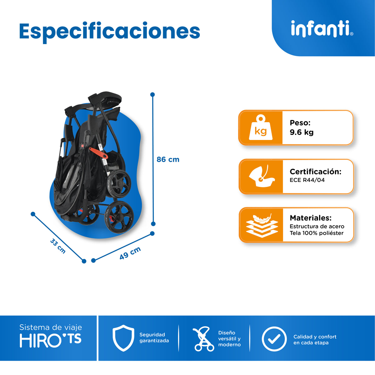 Carriola Travel System Hiro TS Con Portabebé y Plegado a Una Mano, Infanti.