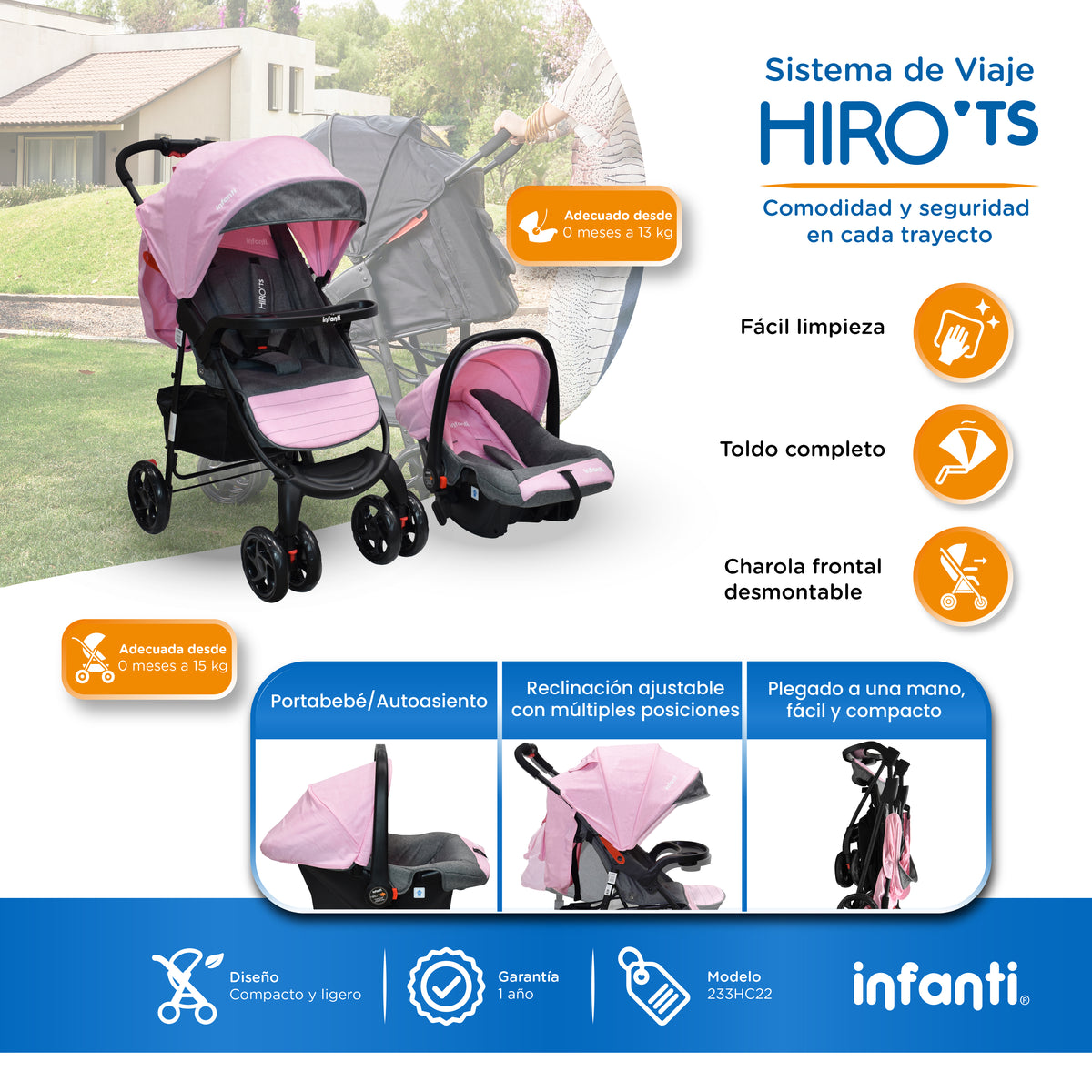 Carriola Travel System Hiro TS Con Portabebé y Plegado a Una Mano, Infanti.