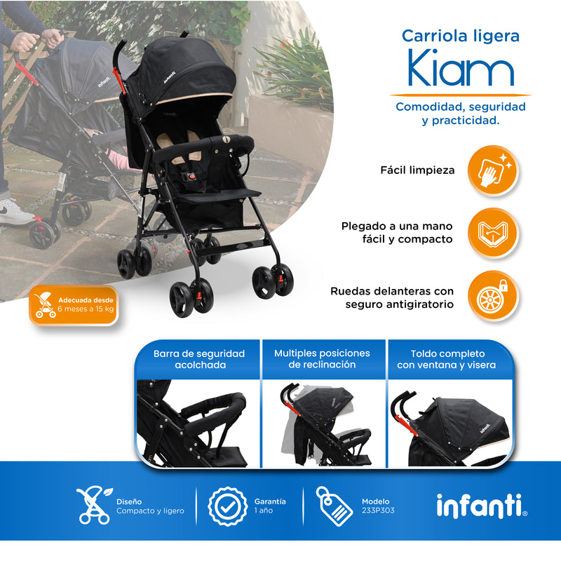 Carriola De Bastón Con Plegado Compacto Kiam Multiples Reclinaciones, Arnés De 5 puntos, Toldo Completo, Frenos y Ruedas Giratorias Con Seguro Ideal Para Bebes De 6 Meses a 15 kg, Infanti