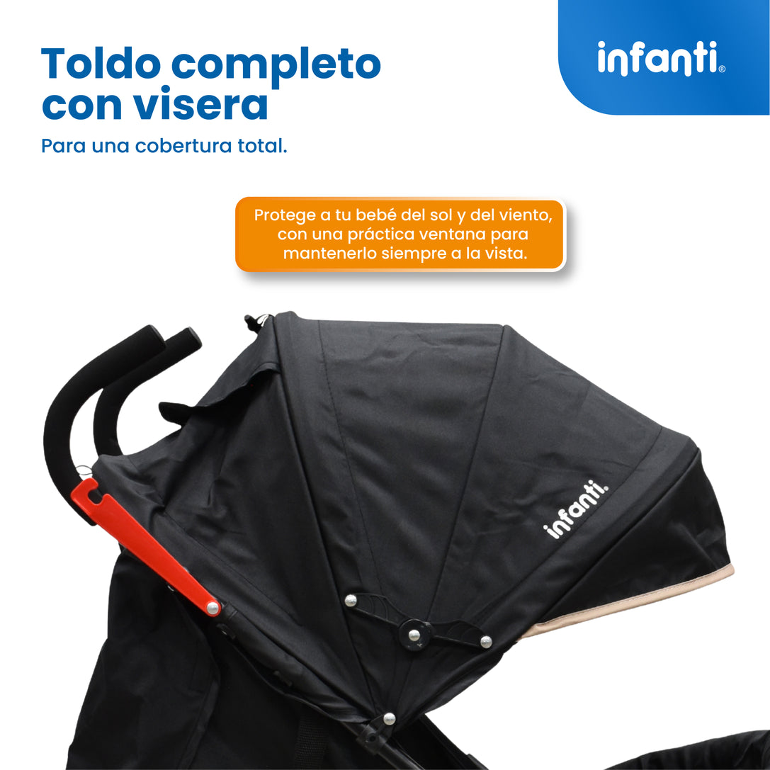 Carriola De Bastón Con Plegado Compacto Kiam Multiples Reclinaciones, Arnés De 5 puntos, Toldo Completo, Frenos y Ruedas Giratorias Con Seguro Ideal Para Bebes De 6 Meses a 15 kg, Infanti