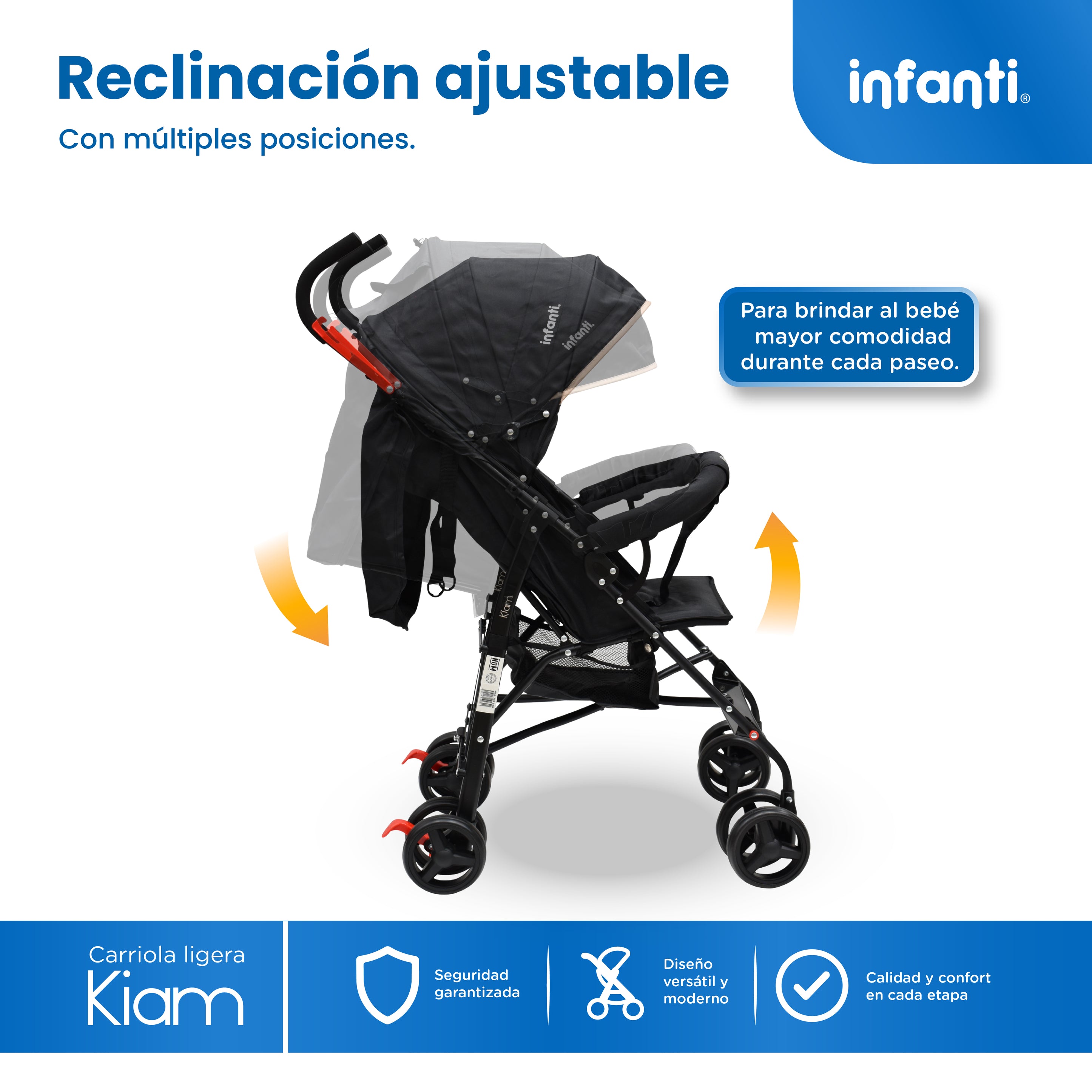 Carriola De Bastón Con Plegado Compacto Kiam Multiples Reclinaciones, Arnés De 5 puntos, Toldo Completo, Frenos y Ruedas Giratorias Con Seguro Ideal Para Bebes De 6 Meses a 15 kg, Infanti