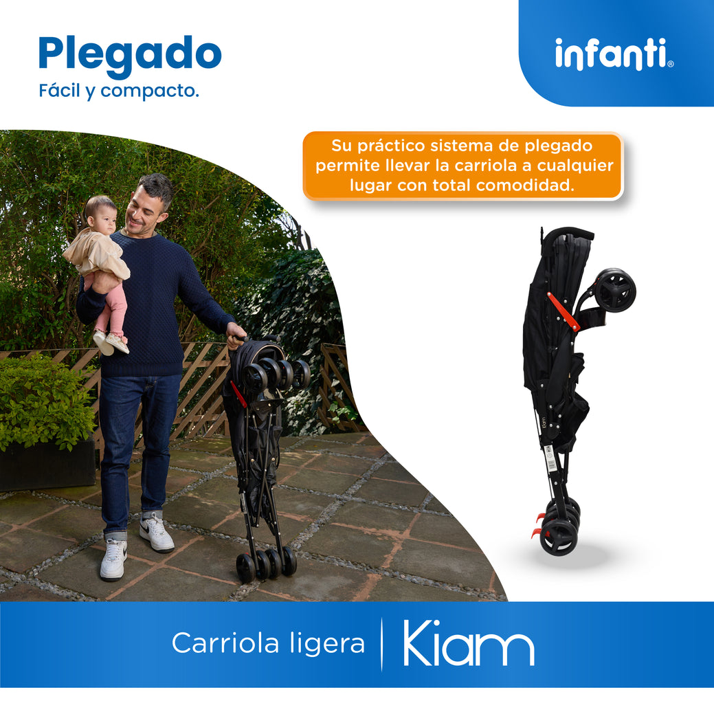 Carriola De Bastón Con Plegado Compacto Kiam Multiples Reclinaciones, Arnés De 5 puntos, Toldo Completo, Frenos y Ruedas Giratorias Con Seguro Ideal Para Bebes De 6 Meses a 15 kg, Infanti