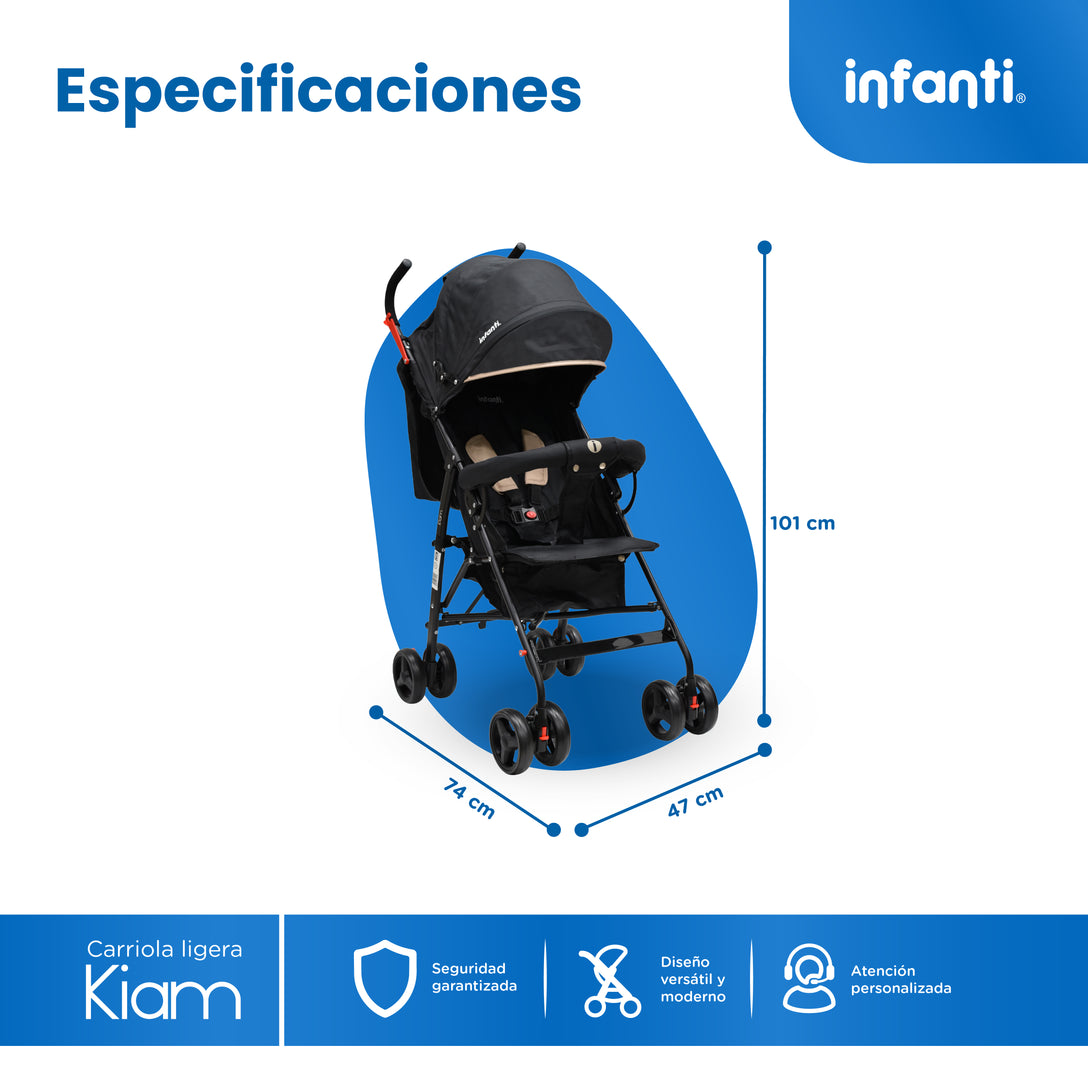 Carriola De Bastón Con Plegado Compacto Kiam Multiples Reclinaciones, Arnés De 5 puntos, Toldo Completo, Frenos y Ruedas Giratorias Con Seguro Ideal Para Bebes De 6 Meses a 15 kg, Infanti