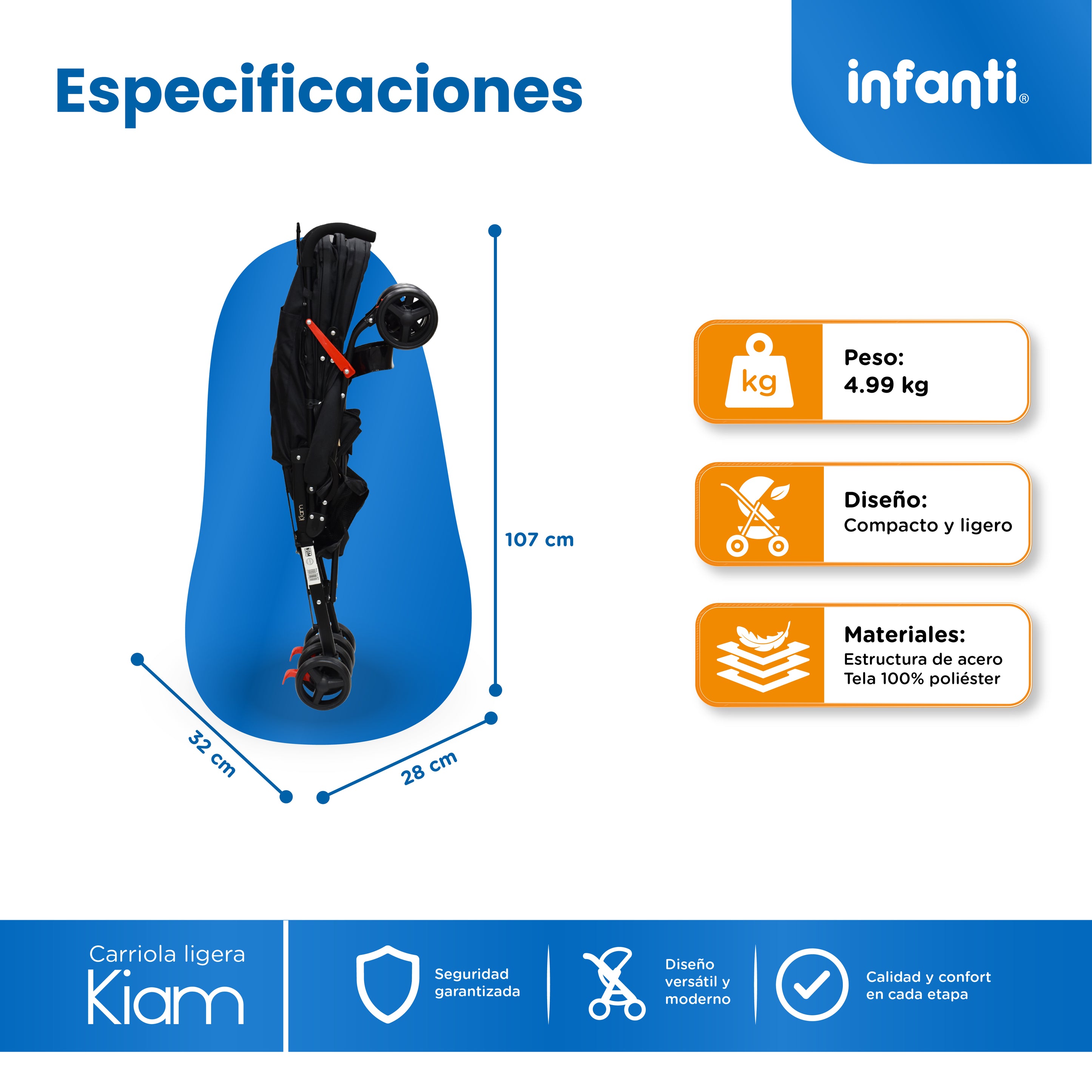 Carriola De Bastón Con Plegado Compacto Kiam Multiples Reclinaciones, Arnés De 5 puntos, Toldo Completo, Frenos y Ruedas Giratorias Con Seguro Ideal Para Bebes De 6 Meses a 15 kg, Infanti