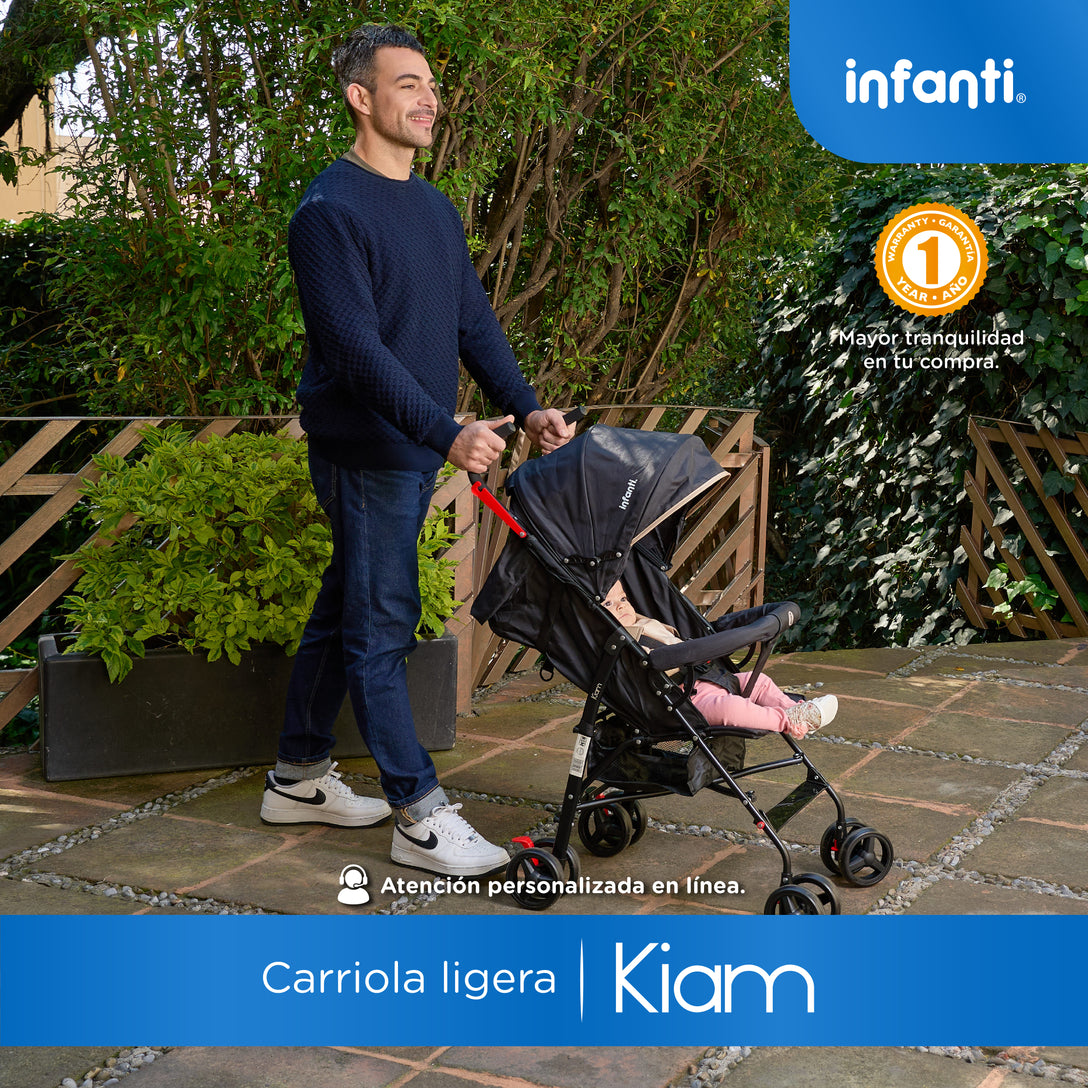 Carriola De Bastón Con Plegado Compacto Kiam Multiples Reclinaciones, Arnés De 5 puntos, Toldo Completo, Frenos y Ruedas Giratorias Con Seguro Ideal Para Bebes De 6 Meses a 15 kg, Infanti