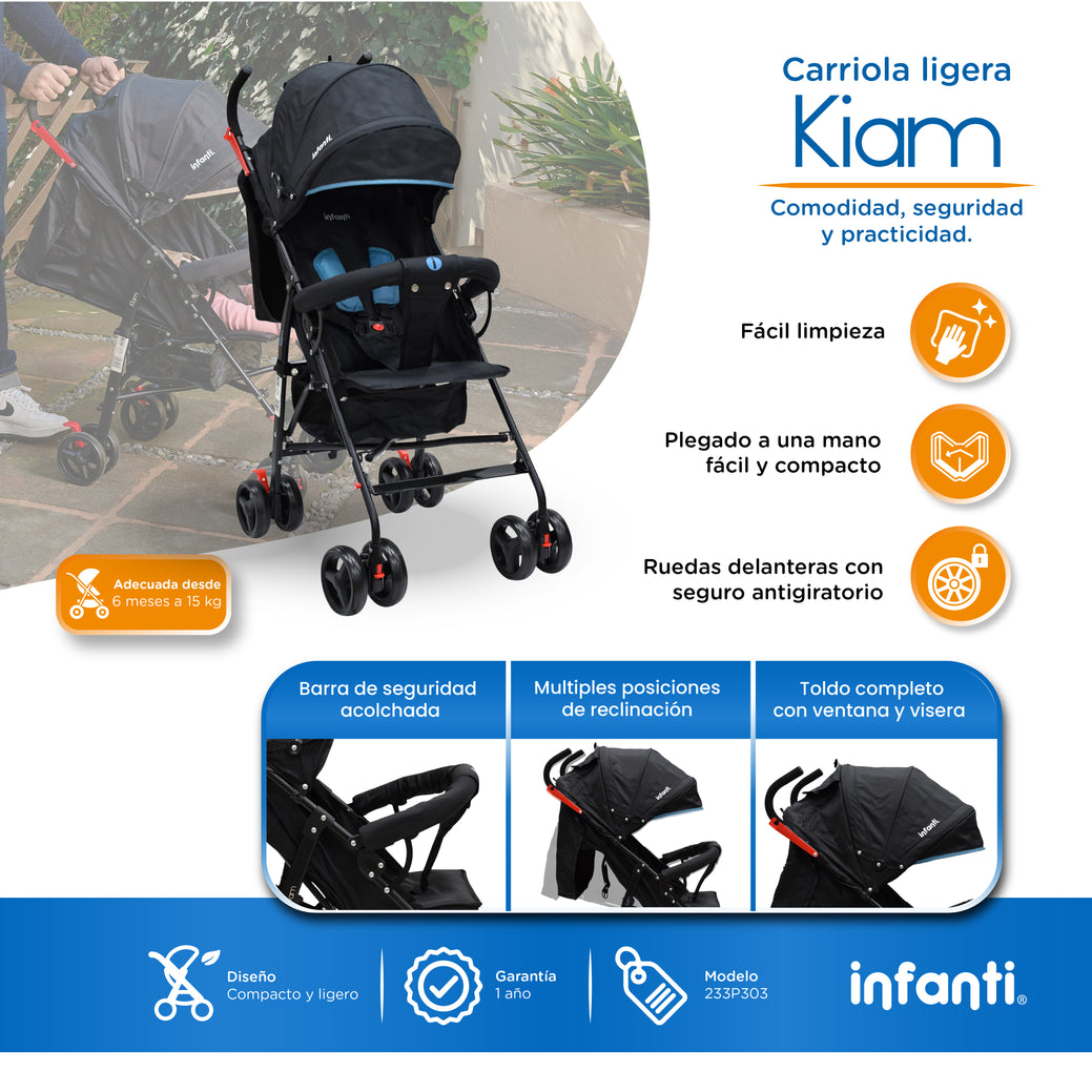 Carriola De Bastón Con Plegado Compacto Kiam Multiples Reclinaciones, Arnés De 5 puntos, Toldo Completo, Frenos y Ruedas Giratorias Con Seguro Ideal Para Bebes De 6 Meses a 15 kg, Infanti