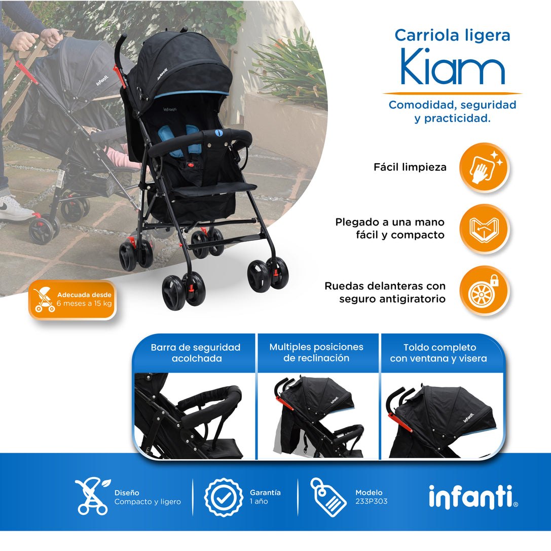 Carriola De Bastón Con Plegado Compacto Kiam Multiples Reclinaciones, Arnés De 5 puntos, Toldo Completo, Frenos y Ruedas Giratorias Con Seguro Ideal Para Bebes De 6 Meses a 15 kg, Infanti