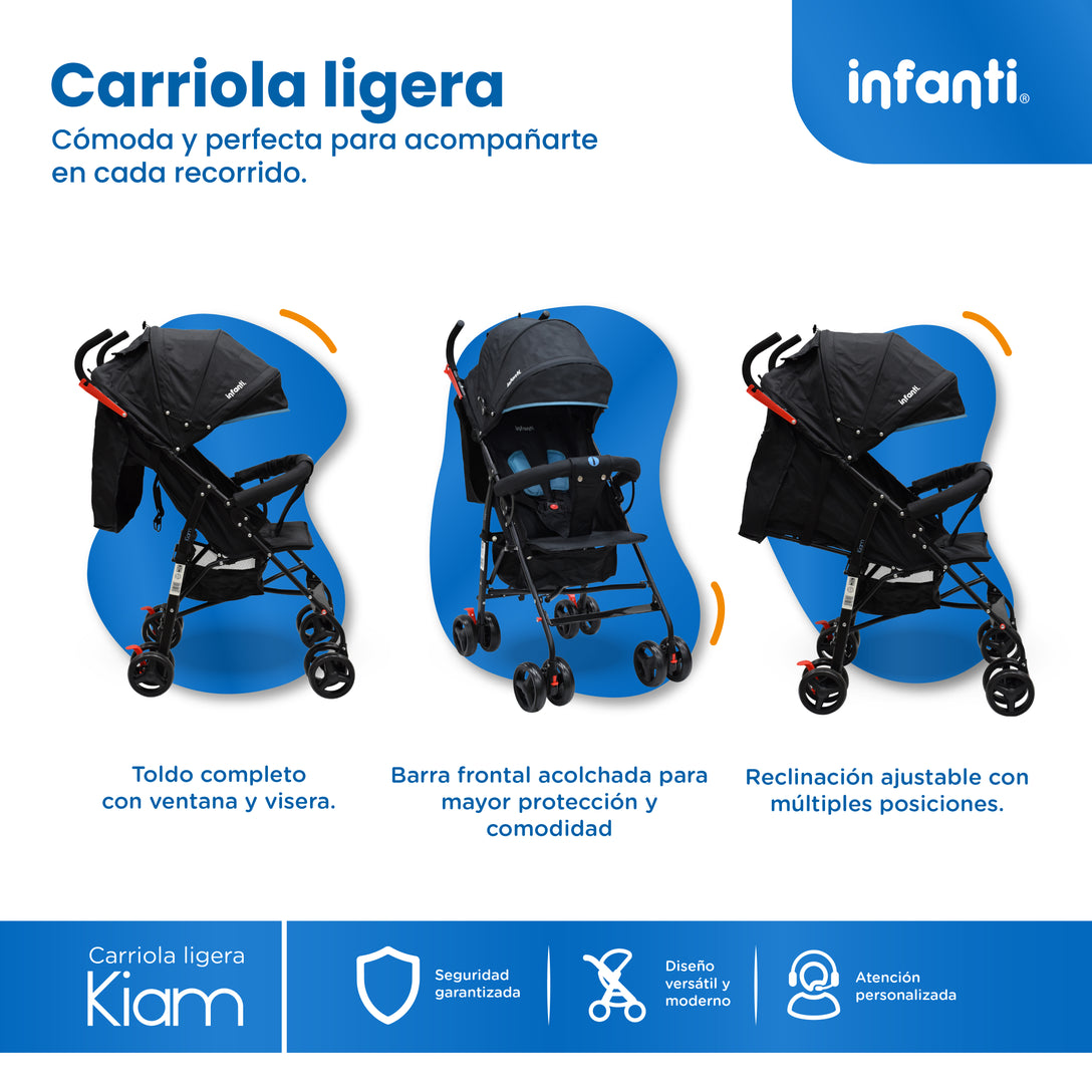 Carriola De Bastón Con Plegado Compacto Kiam Multiples Reclinaciones, Arnés De 5 puntos, Toldo Completo, Frenos y Ruedas Giratorias Con Seguro Ideal Para Bebes De 6 Meses a 15 kg, Infanti
