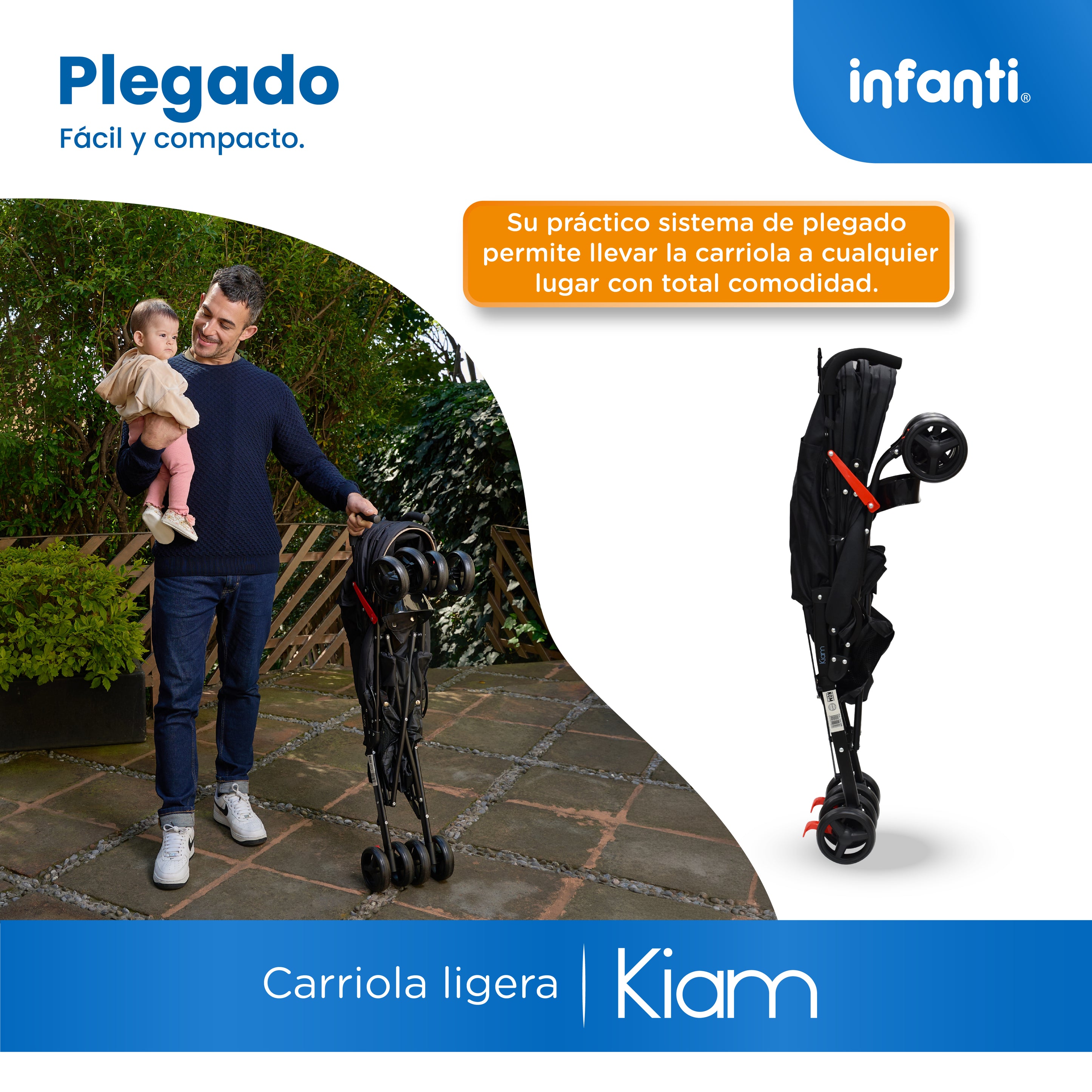 Carriola De Bastón Con Plegado Compacto Kiam Multiples Reclinaciones, Arnés De 5 puntos, Toldo Completo, Frenos y Ruedas Giratorias Con Seguro Ideal Para Bebes De 6 Meses a 15 kg, Infanti