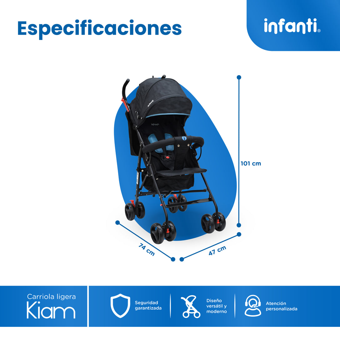 Carriola De Bastón Con Plegado Compacto Kiam Multiples Reclinaciones, Arnés De 5 puntos, Toldo Completo, Frenos y Ruedas Giratorias Con Seguro Ideal Para Bebes De 6 Meses a 15 kg, Infanti