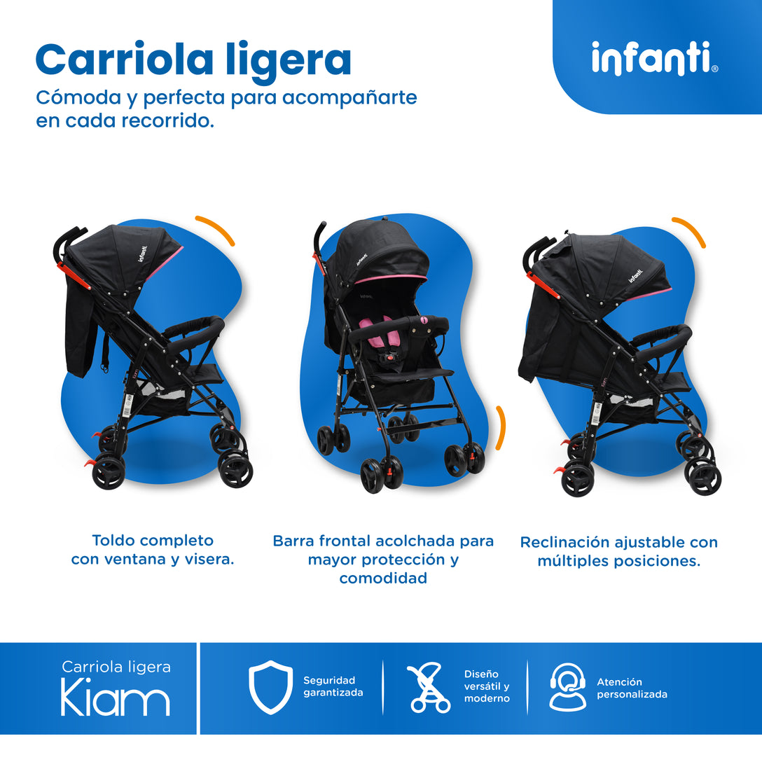 Carriola De Bastón Con Plegado Compacto Kiam Multiples Reclinaciones, Arnés De 5 puntos, Toldo Completo, Frenos y Ruedas Giratorias Con Seguro Ideal Para Bebes De 6 Meses a 15 kg, Infanti