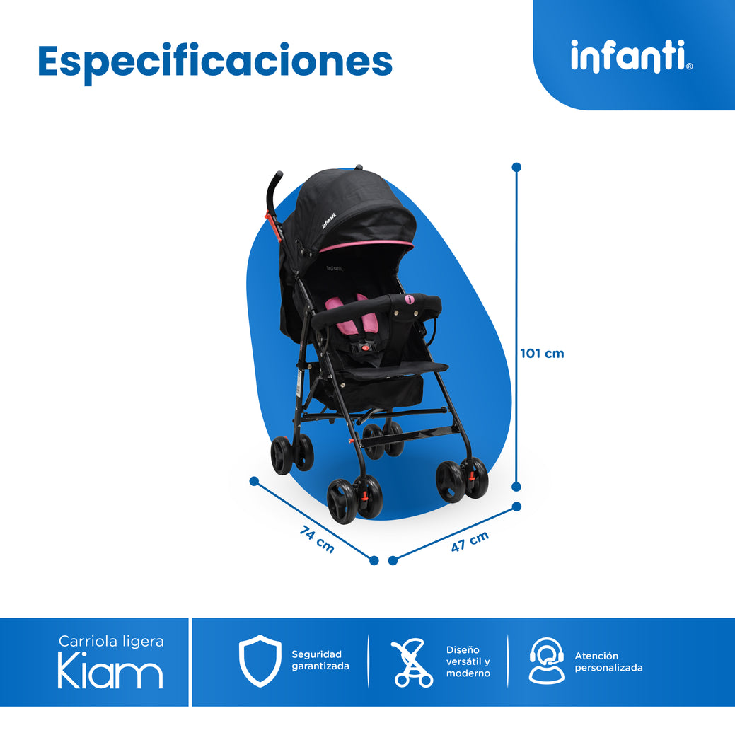 Carriola De Bastón Con Plegado Compacto Kiam Multiples Reclinaciones, Arnés De 5 puntos, Toldo Completo, Frenos y Ruedas Giratorias Con Seguro Ideal Para Bebes De 6 Meses a 15 kg, Infanti