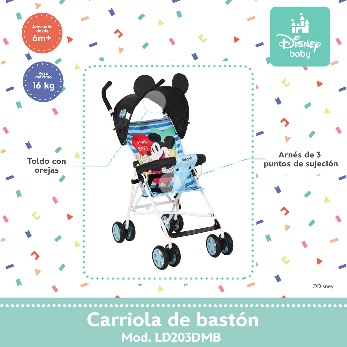 Carriola de Bastón Mickey y Minnie Con Plegado Compacto y Arnés de 3 Puntos