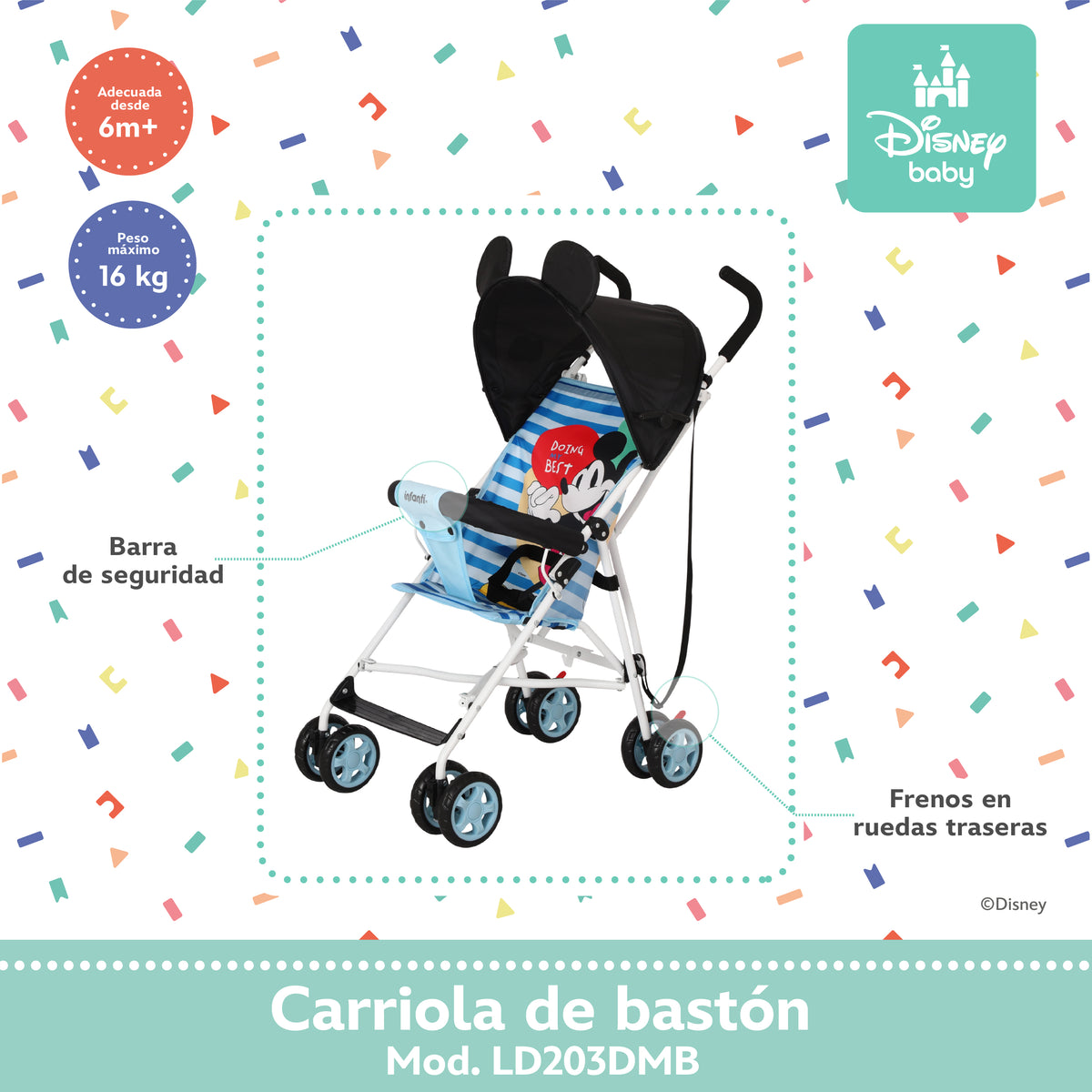 Carriola de Bastón Mickey y Minnie Con Plegado Compacto y Arnés de 3 Puntos