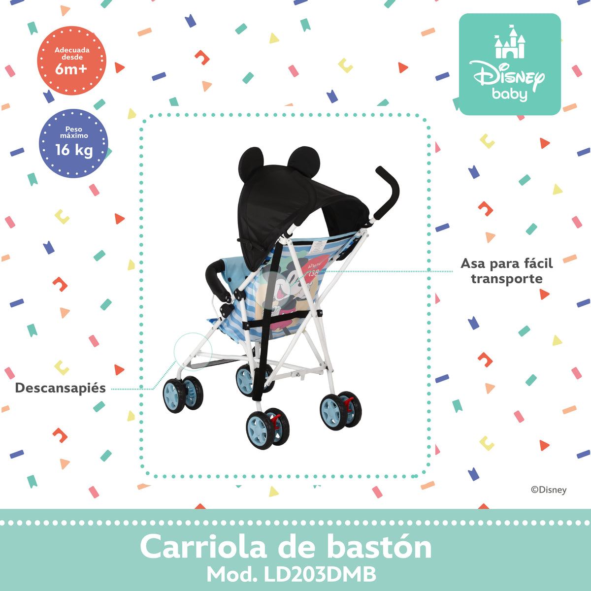 Carriola de Bastón Mickey y Minnie Con Plegado Compacto y Arnés de 3 Puntos