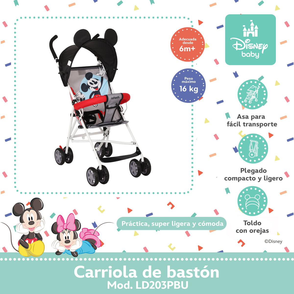 Carriola de Bastón Mickey y Minnie Con Plegado Compacto y Arnés de 3 Puntos
