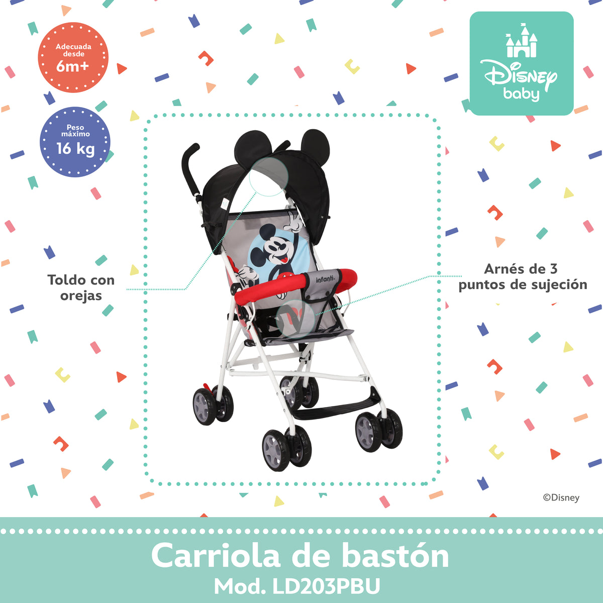 Carriola de Bastón Mickey y Minnie Con Plegado Compacto y Arnés de 3 Puntos