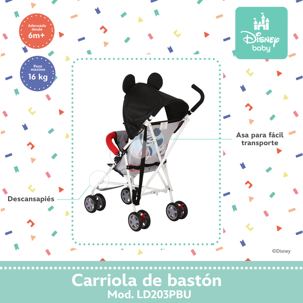 Carriola de Bastón Mickey y Minnie Con Plegado Compacto y Arnés de 3 Puntos