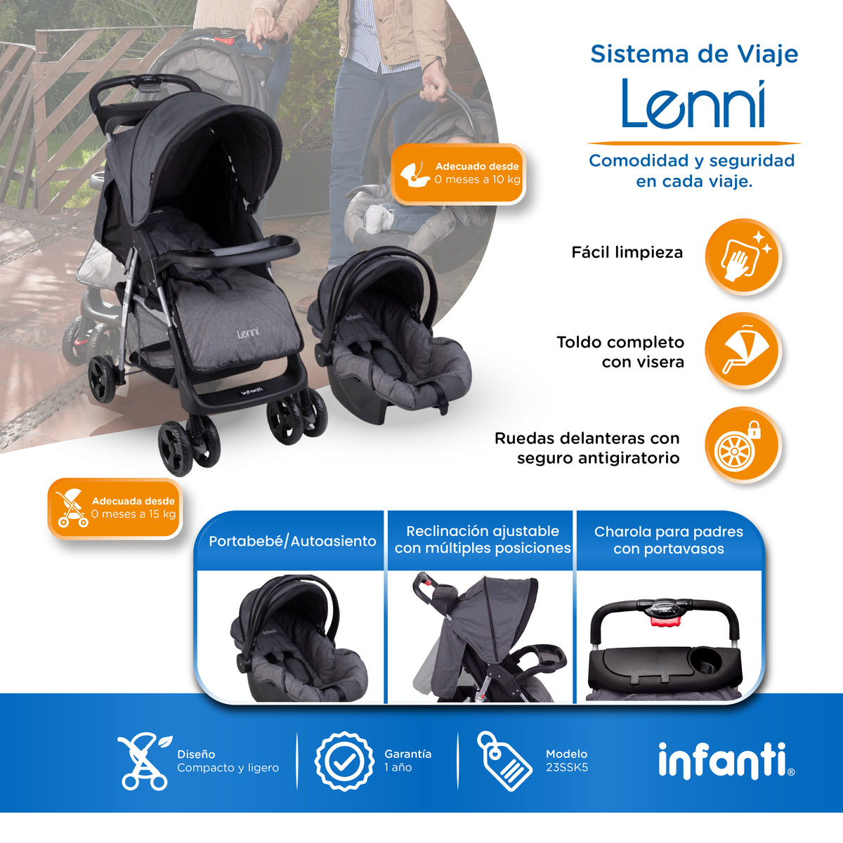 Carriola Travel System Lenni Con Portabebé y Plegado a Una Mano