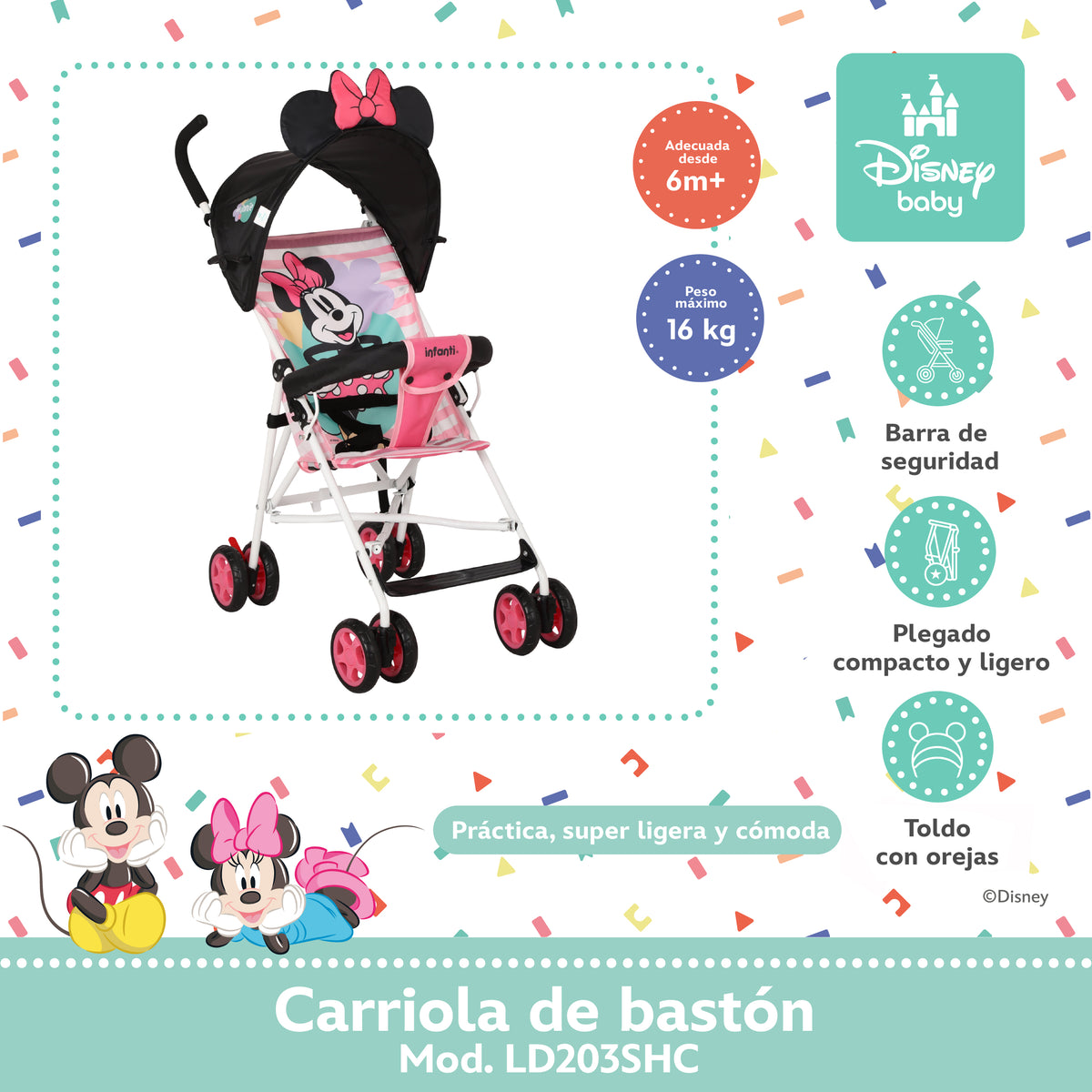 Carriola de Bastón Mickey y Minnie Con Plegado Compacto y Arnés de 3 Puntos