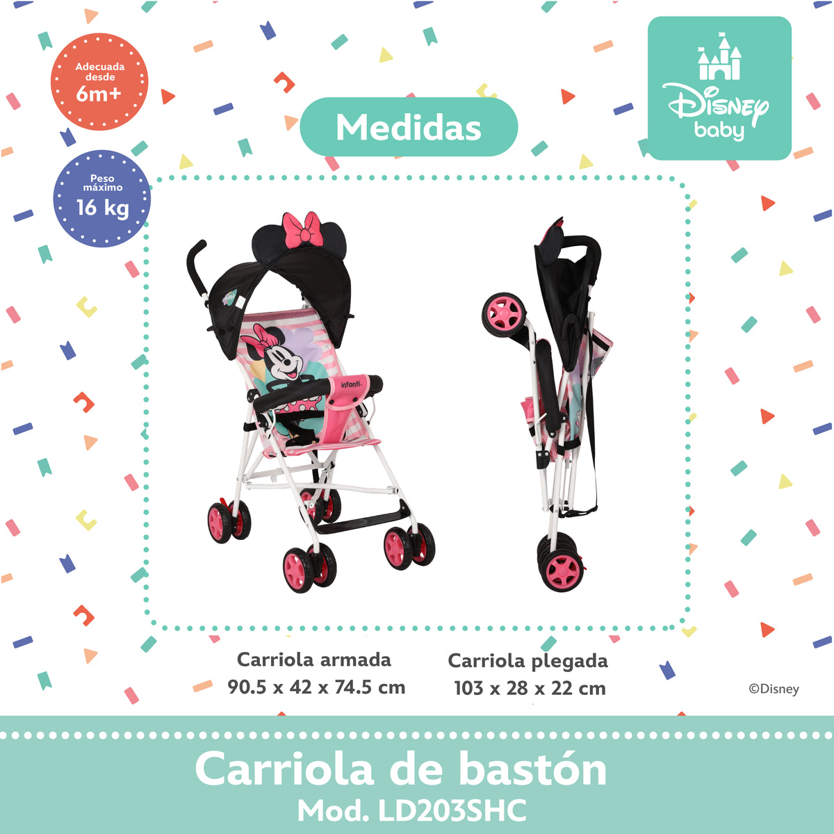 Carriola de Bastón Mickey y Minnie Con Plegado Compacto y Arnés de 3 Puntos
