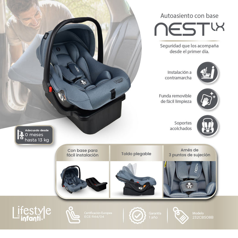 Autoasiento Portabebé Nest LX Gris Con Base y Soporte Acolchado