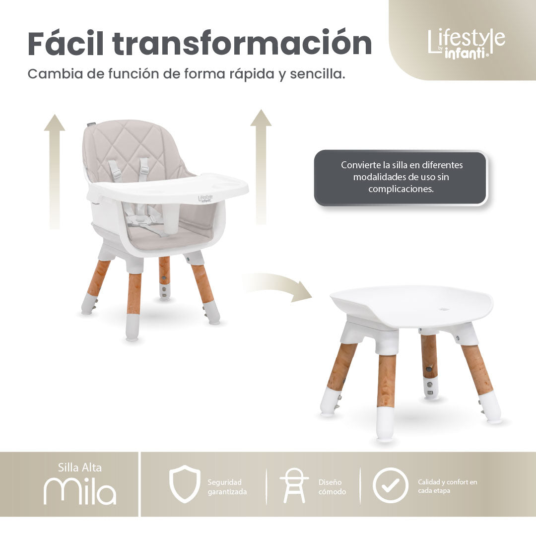 Silla Alta 6 en 1, Mila, Silla Pequeña, Banco Alto, Banquito, Mesa con Sillita y Mesa con Banco, Arnés de 5 Puntos, Charola Ajustable y Funda Lavable, Hasta 25 kg. Lifestyle By Infanti