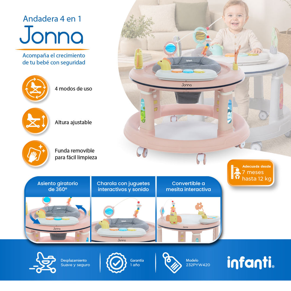 Andadera 4 en 1 Jonna Con Asiento Giratorio 360° y Centro de Entretenimiento