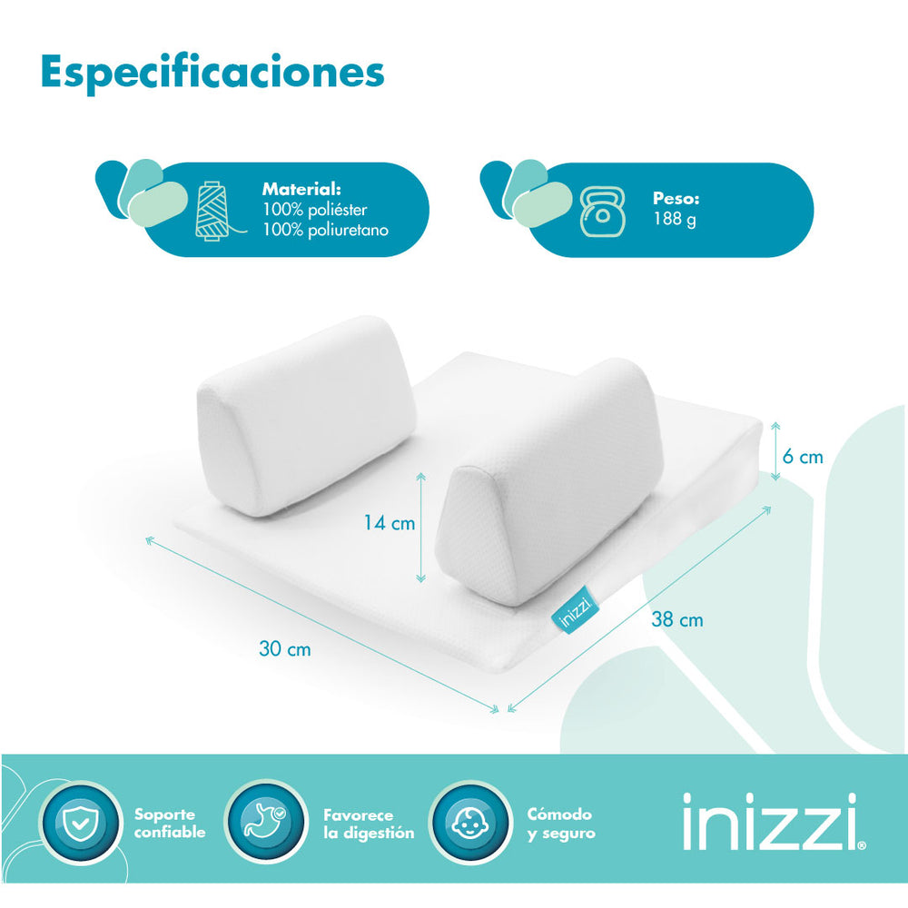 Cojín Antirreflujo para Bebé desde Recién Nacido, Blanco, Diseño Ergonómico con Inclinación, Soportes Ajustables y Tela Transpirable, Inizzi