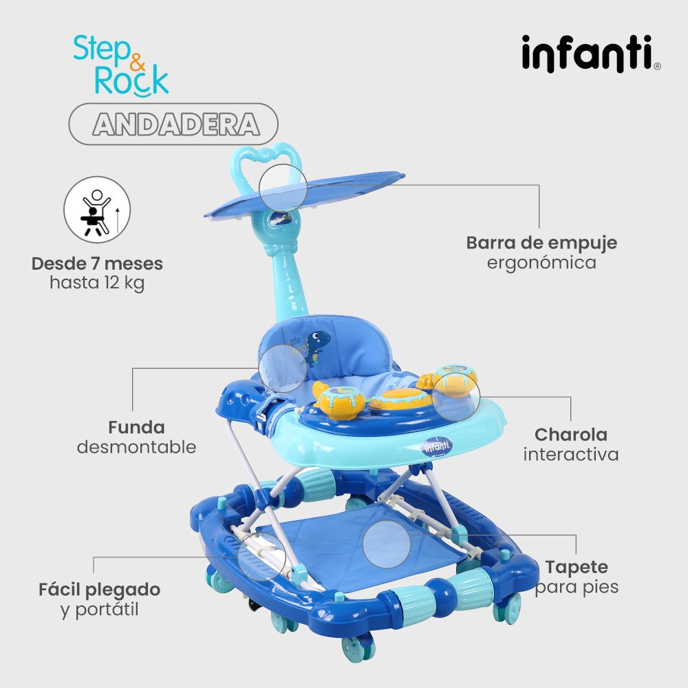 Andadera Step And Rock Mecedora Infanti Con Charola Electrónica Barra de Empuje